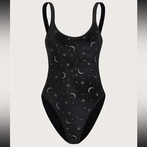 Black Velvet Silver Moon Cut-Out Bodysuit